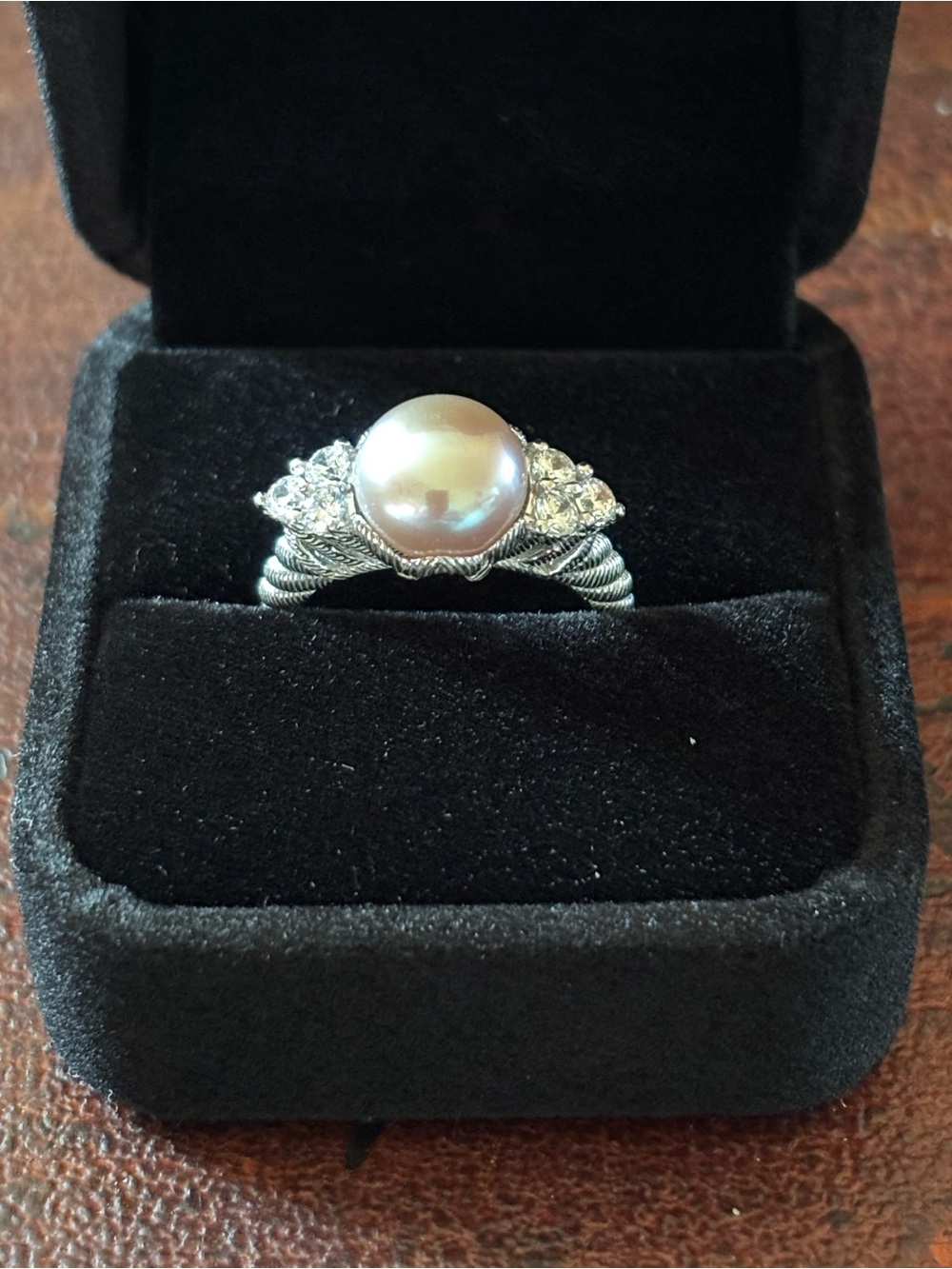 Judith Ripka Pink Pearl Ring with Sterling Silver and 6 Diamonique Stones